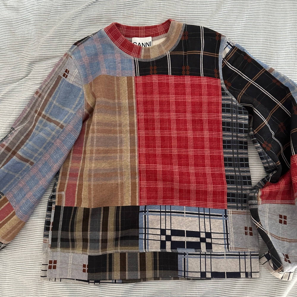 Ganni Plaid Print Crew Neck Sweater
